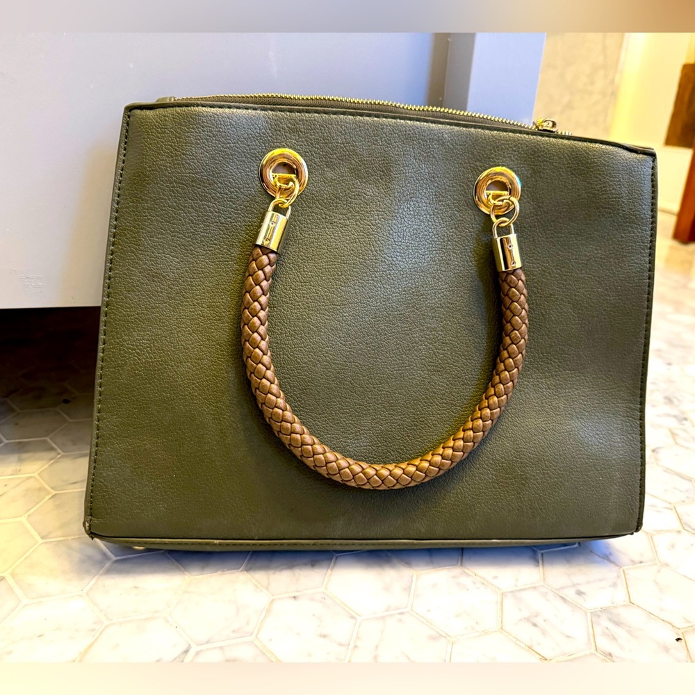 Olive faux leather handbag w/ braided straps